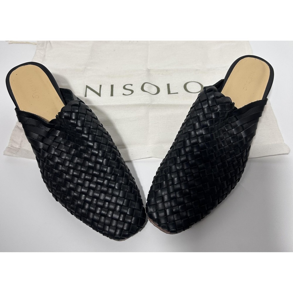 Nisolo Shoes Womens All Day Size 9 Black Woven Leather Mule Block Heels Slip On